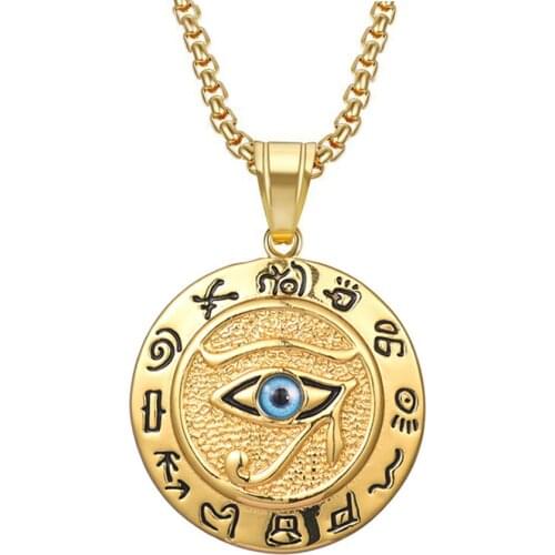 Ancient Egypt Eye Of Horus Pendant Necklaces For Women And Men Gold Color Stainless Steel Round Necklace Egyptian Jewelry Gift