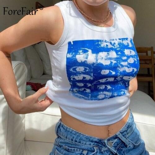 Forefair Eyes Print Sleeveless O Neck Tank Tops Summer Off Shoulder Casual Streetwear Fashion Y2K Women Crop Tops 90s