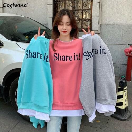 No Hat Hoodies Women Thickening Letter O-neck Fake Two Piece Designer Loose Soft Pullover Chic Boyfriend Ulzzang Female Hot Sale