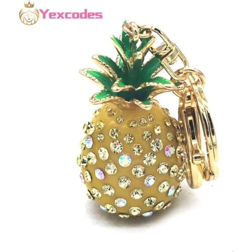 Fine bag car keychain female Korea high-end cute full inlaid cubic zirconia pineapple car key pendant small gift rhinestone