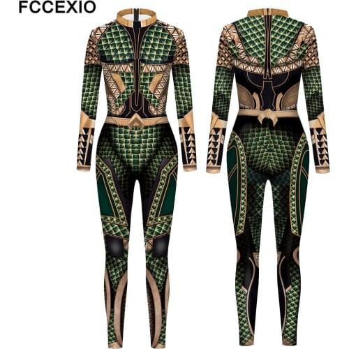 FCCEXIO Fashion Combat Print Halloween Carnival Adult Dress Spandex Jumpsuit Plus Size Long Sleeve Cosplay Onesie Outfits
