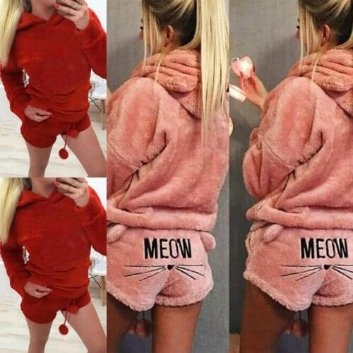 2pcs Suit Winter Casual Women Hooded Pajamas Warm Flannel Pajamas Set Bear Coral Fleece Sleepwear Hoodie+Short Tow