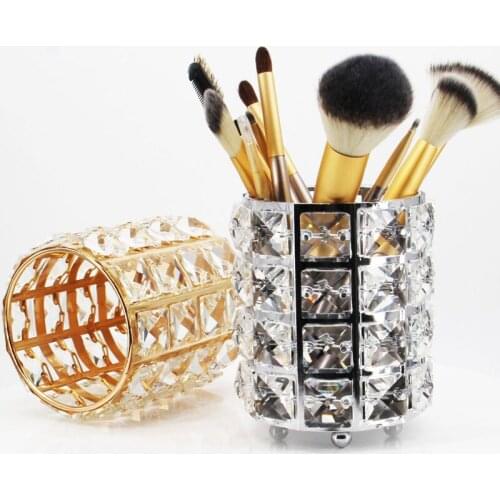 European Style Metal Crystal Makeup Brush Organizer Eyebrow Pencil Comb Jewelry Pearl Cosmetic Storage Box