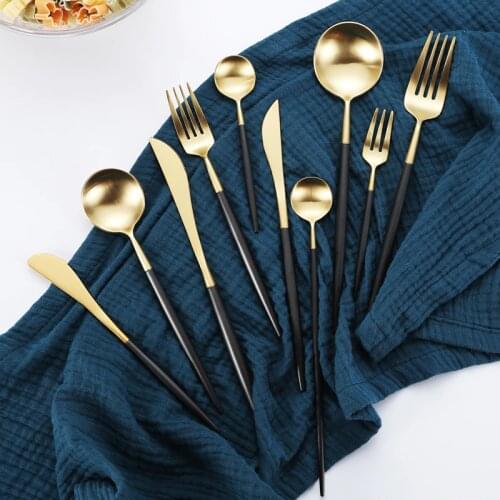 Black Gold Cutlery Set Dinner Dessert Fork Spoon Knife Set Wedding Dinnerware Set 304 Stainless Steel Tableware Fork Spoon