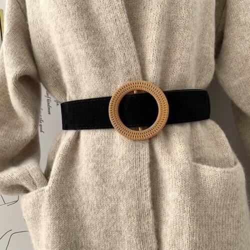 Ladies Wide Belt Fashion All-match High Quality Suede Round Buckle Female Coat Dress Sweater Black Girdle Decorative Waist Belt