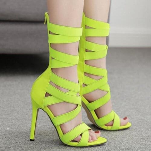 Women sandals Stretch Fabric Slip On 11cm Thin Heels High heels Pointed Toe Shallow sandal women shoes 2020 size 35-42 green