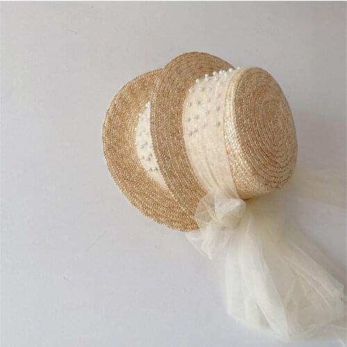 Cute Childrens Cap Straw Hat Pearl Decoration Lace Bandage Flat Top Sun Protection Caps Girl Wide Brim Hat Beach Hat Sun Hats