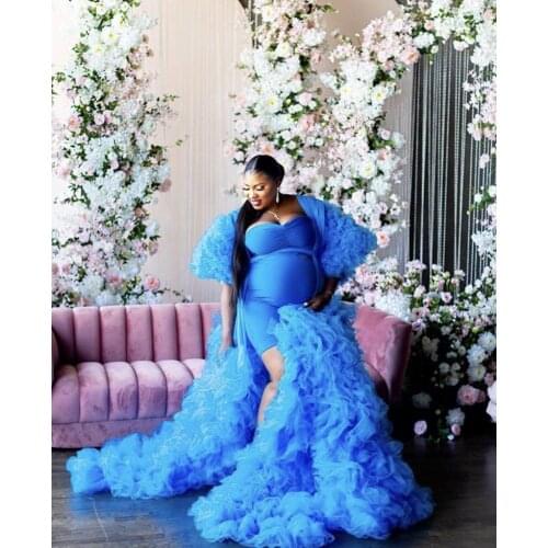 Blue Photography Dress See Thru Prom Dresses With Puff Full Sleeves Prom Gowns Ruffles Tiered Pregnant Woman Long Robe Fashion