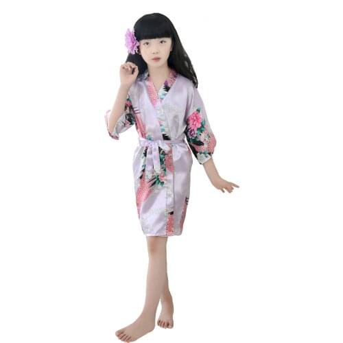 Light Purple Bird Pattern Girls' Satin Kimono Peacock Flower Robe for Cosplay Party Wedding Birthday