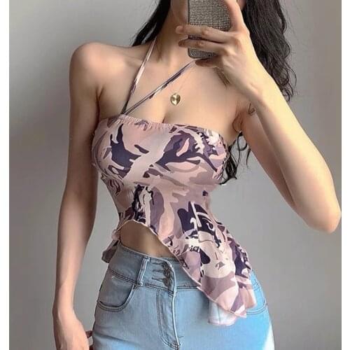 Y2k Tank Top Women Flounced Edge Printing Cropped Lace Up Off The Shoulder Tube Top Cami Summer Clothes For Women 2021