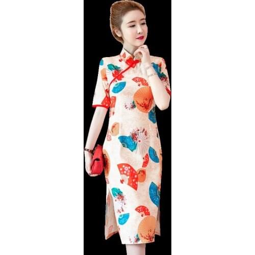 Dresses Summer 2019 Women Sundress Japanese Print Cheongsam Dress Short Sleeve Qipao Dress Midi Elegant Chinese Dresses TA1678