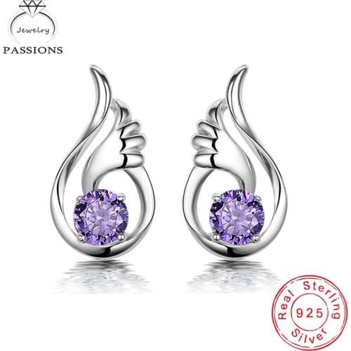 Fashion Elegant Angel Wing 925 Sterling Silver Stud Earrings Purple AAA Cubic Zirconia Stud Earings For Women&Girl Jewelry Gift