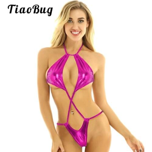 TiaoBug Women One-piece Swimwear Shiny Metallic Lingerie Halter Trikini G-string Bodysuit Sexy Swimsuit Beachwear Bathing Suits