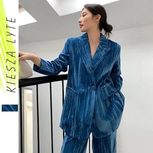 Runway Fashion Pant Suits 2 Piece Set for Women Blue Velvet Blazer Jacket & Trouser 2021 Spring Autumn Korean Suits Sets