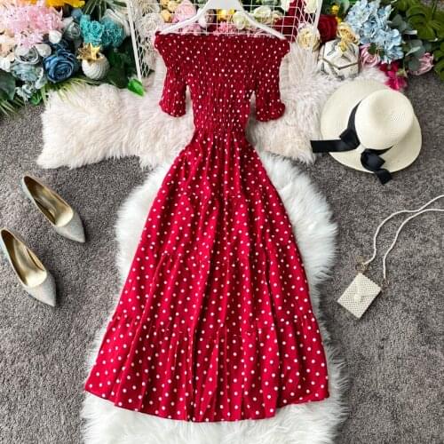 Elegant Sweet Dots A-Line Summer Dress Women High Waist Vacation off-Shoulder Stretch Folds Dress Slash Neck Party Dresses 2021