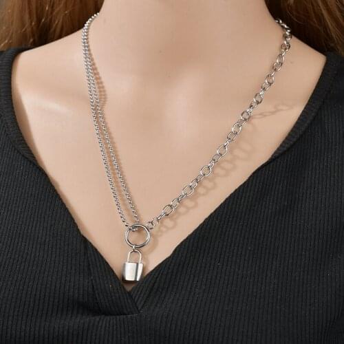 Women Fashion Silver Color Lock Pendant Necklaces Vintage Simple Asymmetrical Chain Necklaces for Ladies Party Jewelry Gift