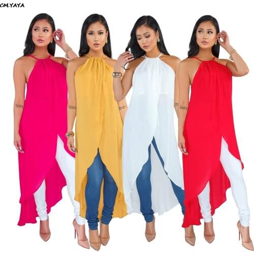 2019 women summer new sleeveless halter neck open back high split irregular hem maxi blouses & shirts dress vestidos SMR9257