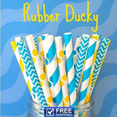 250pcs Mixed 5 Designs Rubber Ducky Paper Straws USA, Blue and Yellow Striped, Polka Dot, Chevron Party Supplies Decorations