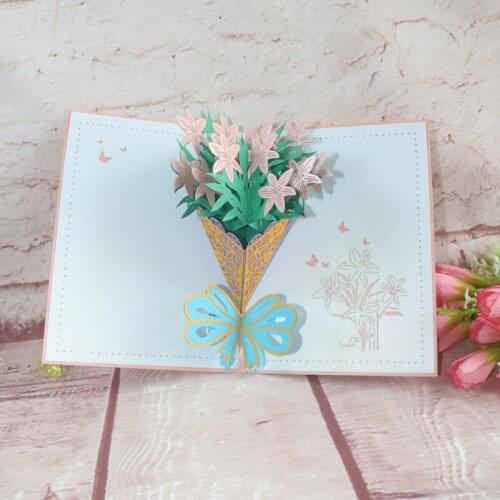 3D Laser Cut Handmade Pink Lily Bouquet Paper Greeting Cards Blessing Postcard Valentines Day Wedding Party Mothers Day Gift