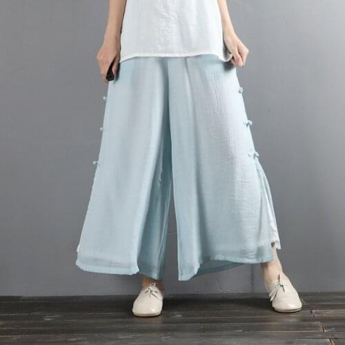 Chinese Style Bottom For Women Cotton Linen Pants Woman High Waist Loose Wide Leg Trousers Split Breathable Casual Outfit 30936