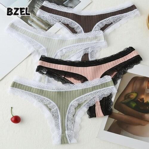 BZEL Sexy Womens Lace Cotton Panties Thongs Underwear Seamless Soild G-String Low Waist Soft Comfort Lady Intimates Lingerie