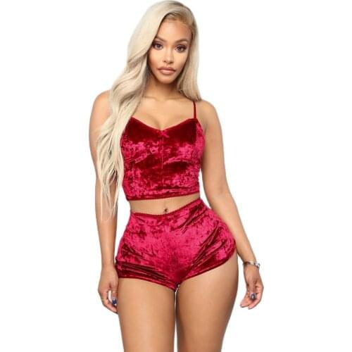 2021 summer cross-border hollow sexy slim velvet two-piece shorts nightclub outfit female red