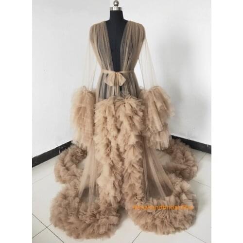 Real Images Photography Dress See Thru Prom Dresses With Puff Full Sleeves Prom Gowns Ruffles Tiered Pregnant Woman Long Robe