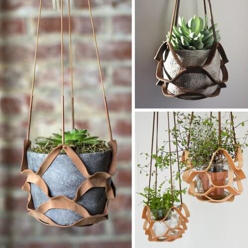 Flower Pot Tray PU Leather Succulents Hanging Basket Holder with Rope Home Garden Decoration