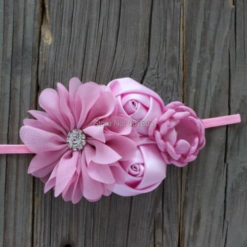 Girl headband Burned Flower headband singed Satin Rose Flowers,kids skinny elastic headband