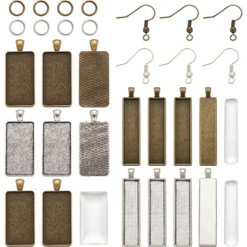 Rectangle Charm Pendant Base Setting Blank Bezel Tray with Glass Cabochon Dome Cameo for DIY Jewelry Earring Making Hooks Ring