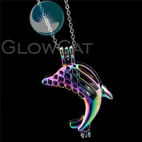R-C794 Rainbow Colors Animal Dolphin Beads Cage Pendant Perfume Diffuser Aromatherapy Pearl Cage Locket Necklace