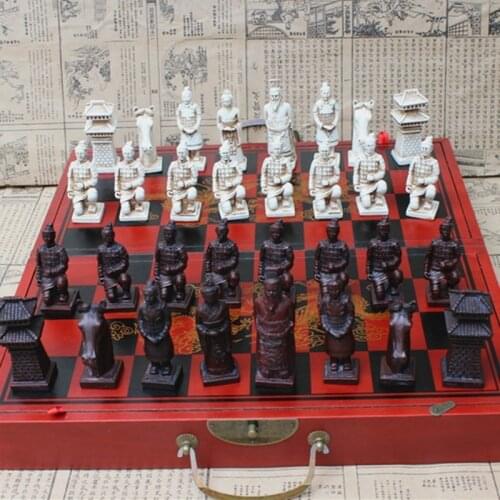 Antique Chess set Three-dimensional Super Large Chess Pieces Wooden Folding Chess Board Terracotta Warriors Figures