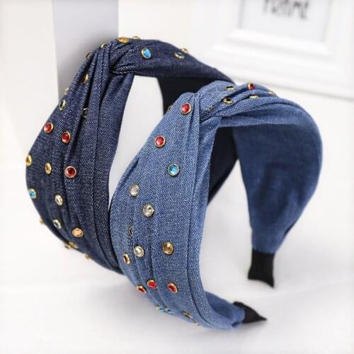 Vintage Bohemian Denim Jean Headband With Colored Rhinestone Cross Hairband Hair Accessories