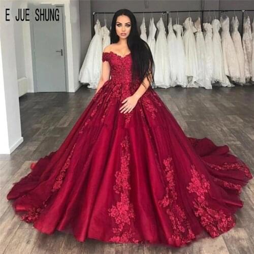 E JUE SHUNG Vintage Dark Red Wedding Dresses Off the Shoulder Lace Appliques Lace Up Back Ball Gown Wedding Gowns Bride Dresses