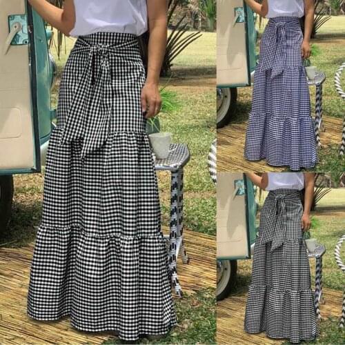 Fashion Skirts 2021 Women Vintage Plaid Check Long Skirts High Waist Casual Loose Belted Pleated Maxi Skirts Plus Size