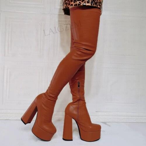 SEIIHEM Women Boots Thigh High Platform Thick Heels Over Knee Boots Faux Leather Sapato Ladies Shoes Woman Big Size 39 42 44 47