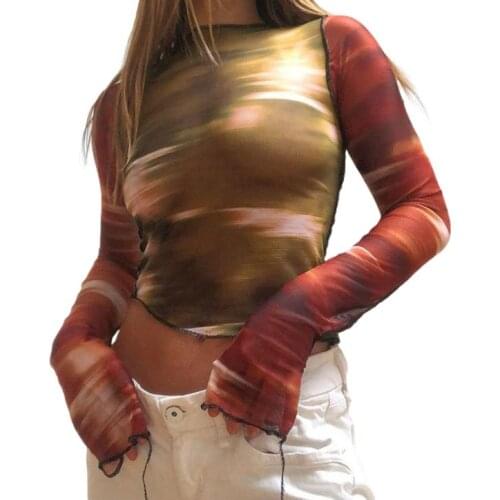 Womens Abstract Printed Tops, Long Sleeve Asymmetrical Hem Slim Fitting T-Shirts