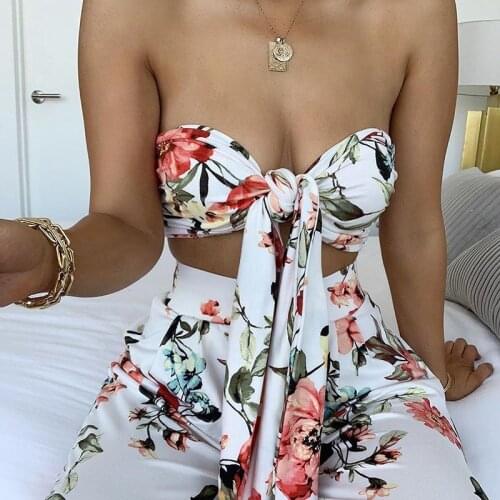 Sibybo 2 Piece Floral Print Set Women Off Shoulder Sleeveless Knotted Top And Wide Legs Pants Tracksuit Summer Beachwear Outfits