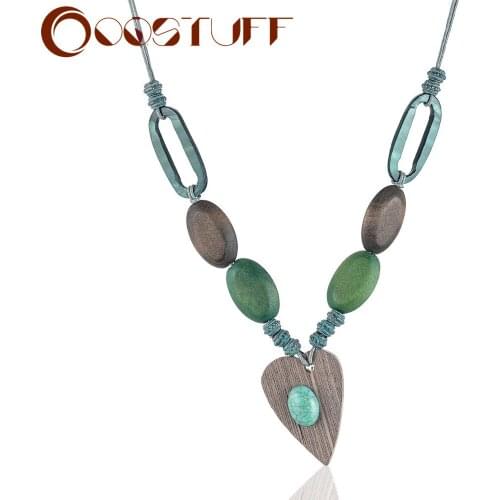 Vintage Heart Pendant Women Jewelry Long Necklace Choker Green Wood Beads Pendant women collares mujer choker kolye bijoux femme