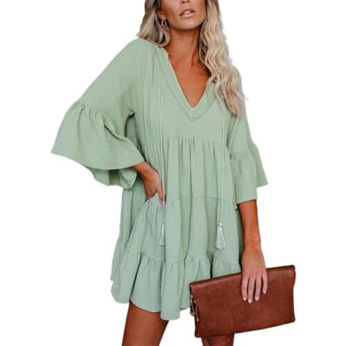 Women Mini Dress Flare Sleeve Ruffles Hem Elegant Solid Color V Neck Casual Tassel Dress Loose Hem Flare 3/4 Sleeve Dresses
