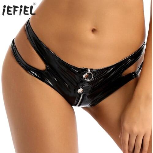 Womens Ladies Body Latex Apparel Lingerie Exotic Panties Leather Zipper Crotch Shiny Briefs Sexy Low-waisted Underwear Underpant