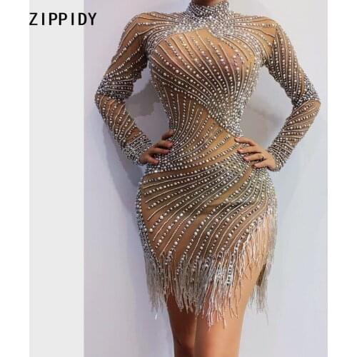 Flashing Silver Stones Pearl Fringe Transparent Dress High Neck Outfit Bar Women Dance Dress Birthday Celebrate Dress