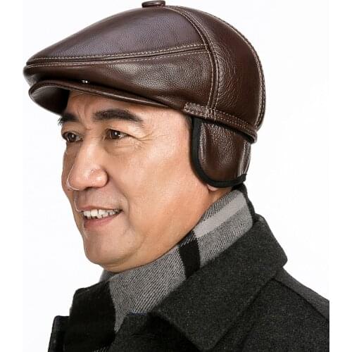 Winter Mens Real Genuine cowhide Leather baseball Cap brand Newsboy /Beret Hat winter warm caps&hats men with ears ear flap