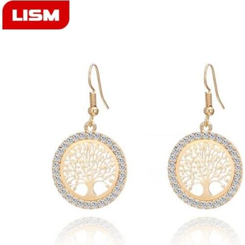 Gold Crystal Earrings Women Hollow Out Tree of Life Pattern Round Earring mujer Jewelry 2018 Fashion Pendientes