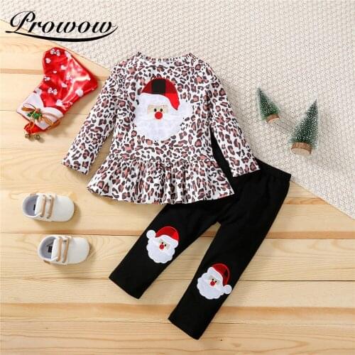 Prowow 2021 Santa Claus Baby Christmas 2 Pcs Kids Girls Clothing Leopard Top + Pant Festival Baby Girls Clothes Chidren Outfits