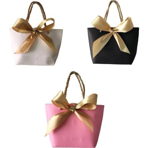 20pcs Portable Kraft Paper Bag Wedding Party Favors Candy Handle Bags With Ribbon Baby Shower Gift Wrapping