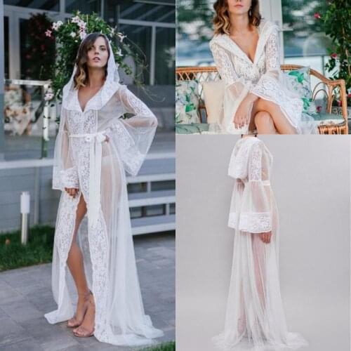 White Lace Bathrobe With Hood Wedding Bridal Lingerie Nightgowns Pajamas Sleepwear Womens Luxury Gowns Housecoat Nightwear