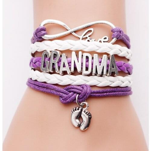 Fashion Woman Leather Charm Cuff Bracelet Alloy Infinity Grandma Foot Braided Rope Cords Bangle Wristbands Handmade Jewelry Gift