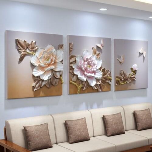Chinese 3D Resin Peony Embossed Painting Wall Sticker Home Livingroom Wall Hanging Decoratin Store Hotel Club Wall Mural Crafts