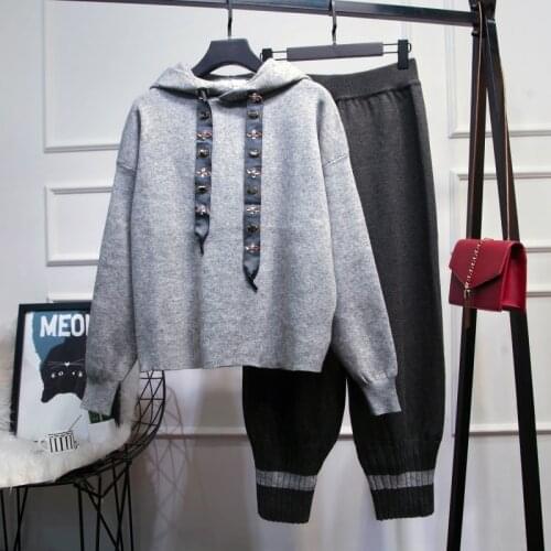 Women two piece outfits autumn new style womens fashion hooded rhinestone sweater sweater casual pants 2 piece set women